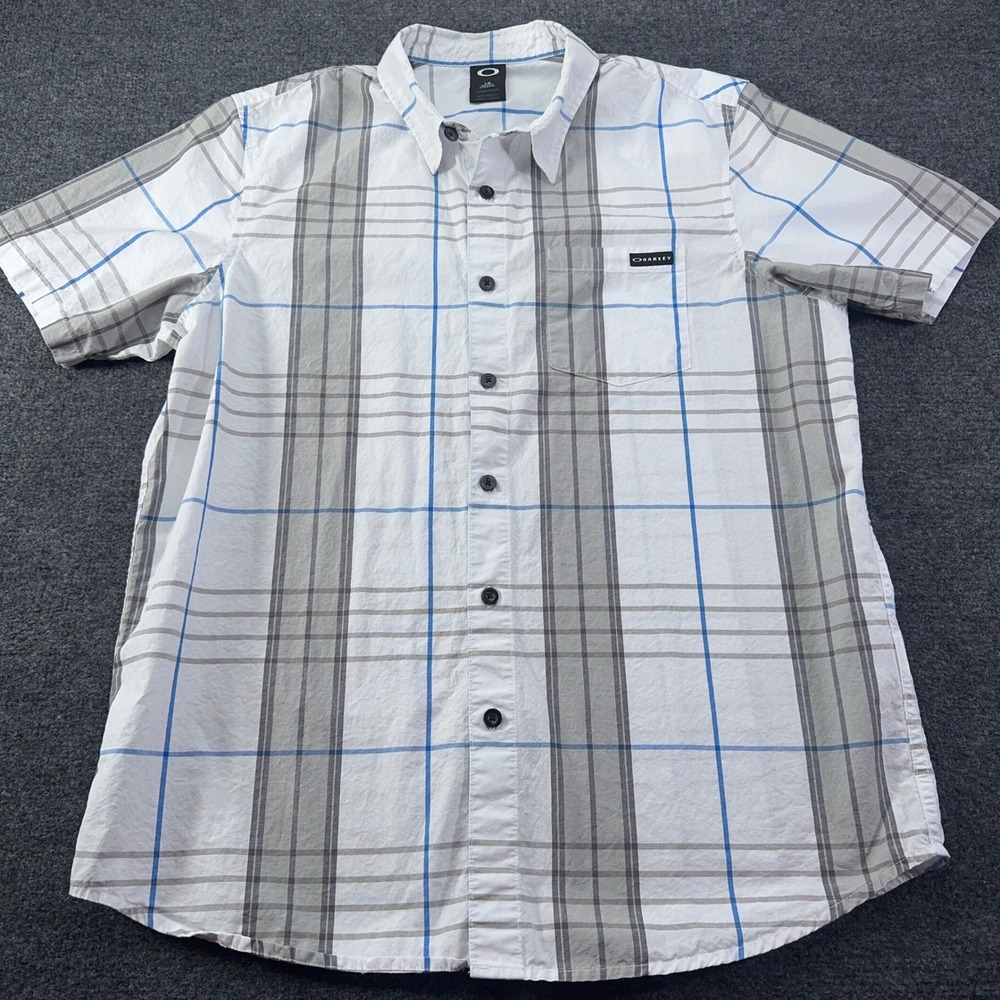 Oakley Mens Short Sleeve Button Down Plaid Shirt White Grey Blue Large